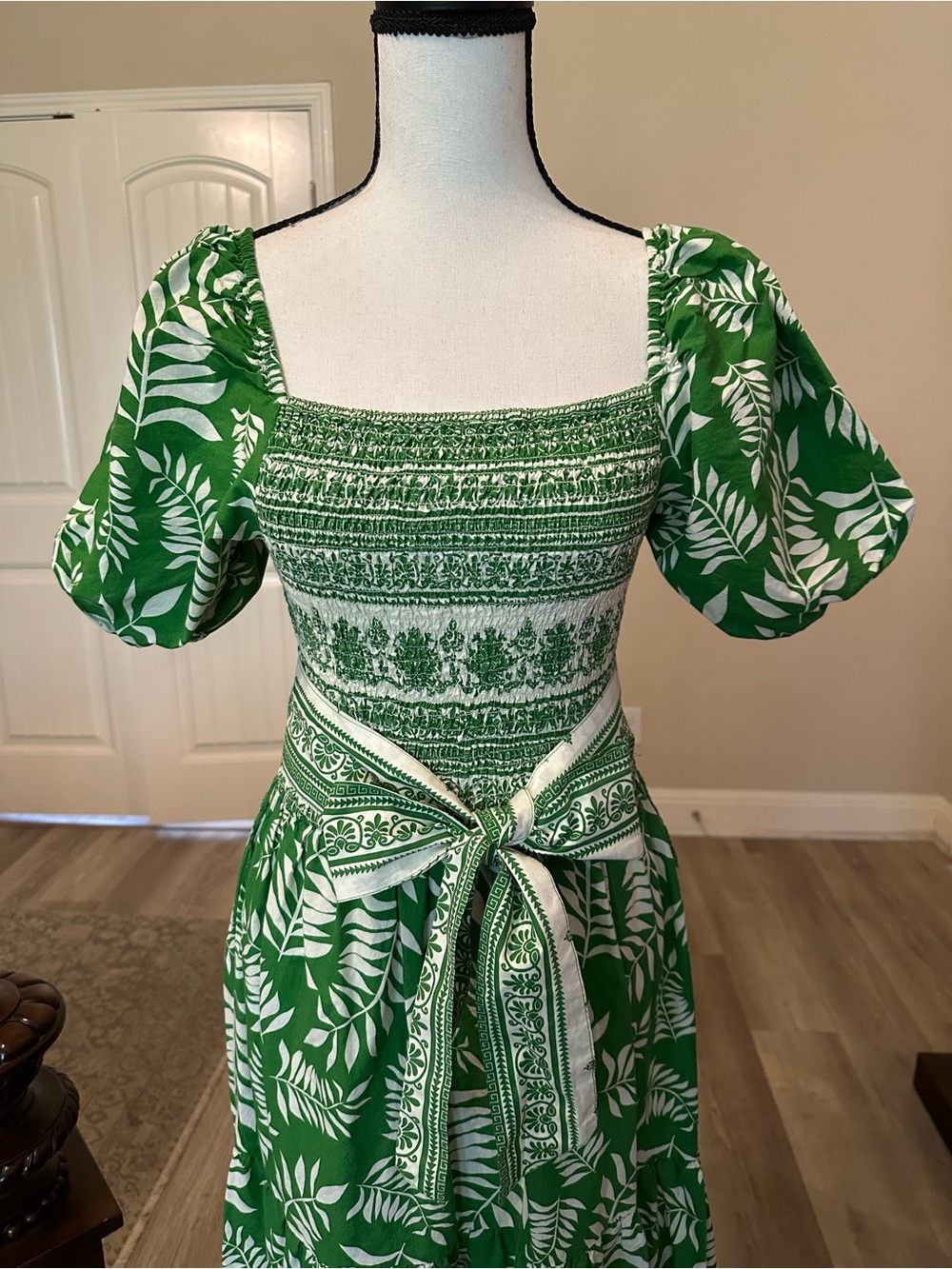 Kaktus Green and White Floral-Print Smocked Maxi Dress with Tie Waist - Picture 2 of 7